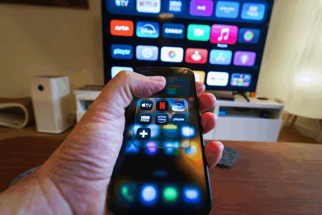 Person holding a smartphone with streaming apps illustrating streaming-driven search behavior.